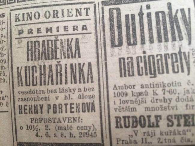 Ukázka inzerce v prvorepublikových Národních listech. Inzerát na představení Hraběnka kuchařinka.