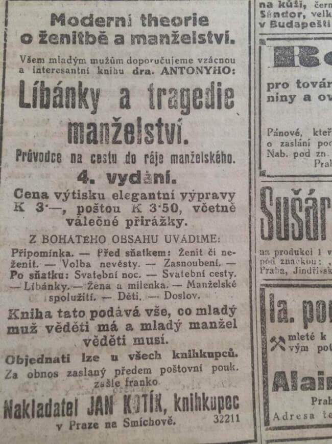 Ukázka inzerce v prvorepublikových Národních listech. Inzerát na knihu Líbánky a tragédie manželství, 4. vydání.